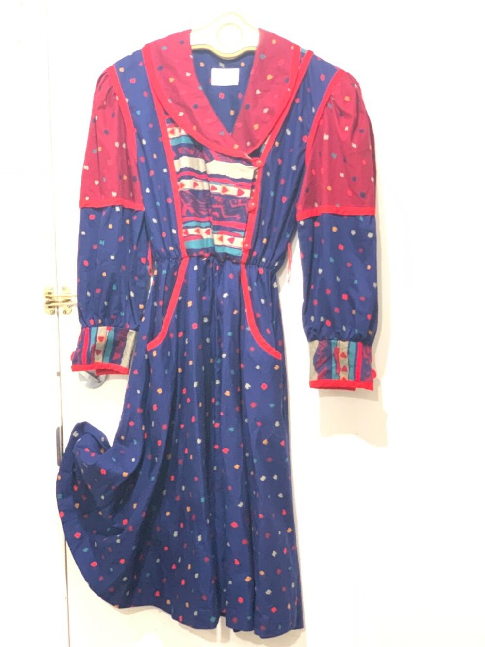 VINTAGE SHERI LANE DOUBLE BREAST MULTICOLOUR POLKA DOT PRINT MIDI DRESSE SIZE 12